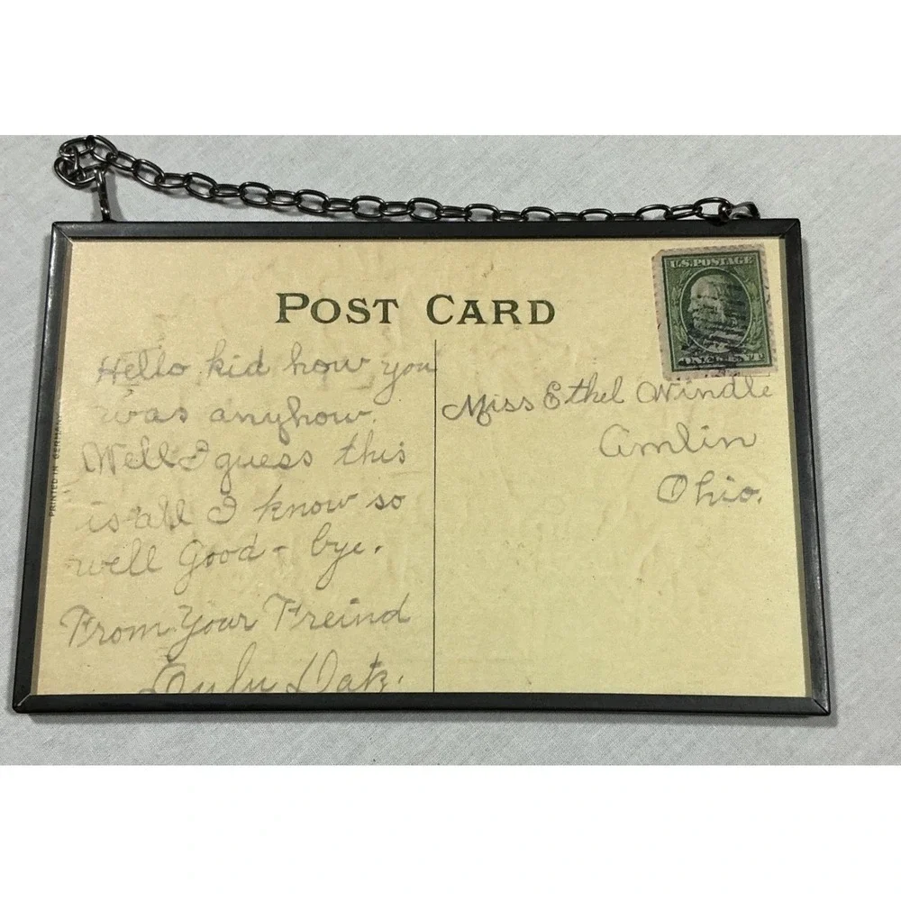Antique Floral Rose Best Wishes Postcard Framed Glass Decor  1¢ Washington Stamp